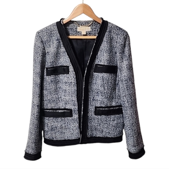 MICHAEL KORS Boucle Tweed Blazer 10 M Crop Jacket Grosgrain Ribbon Black Blue - Picture 3 of 16